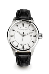 Fortuna Three-Hands Watch, Steel, Silver Dial, Black Leather Strap