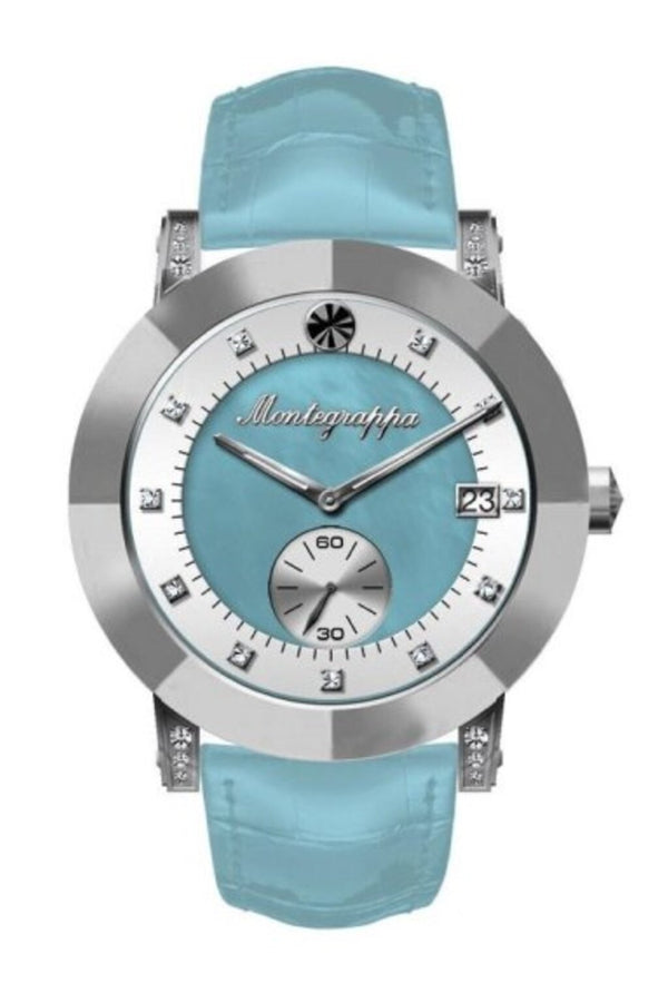 Nerouno Lady Watch, Steel Case, L. Blue Leather Strap, L. Blue MOP/White Dial with Diamonds