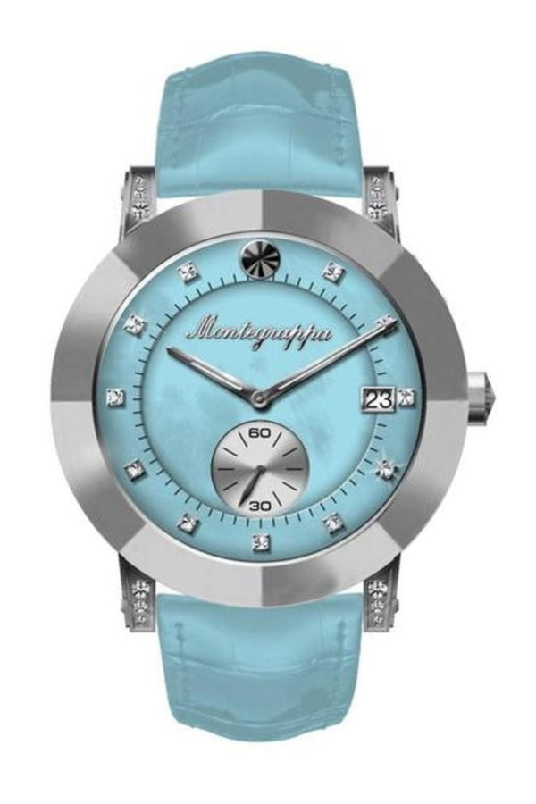 Nerouno Lady Watch, Steel Case, L. Blue Leather Strap, L. Blue Mother of Pearl Dial with Diamonds