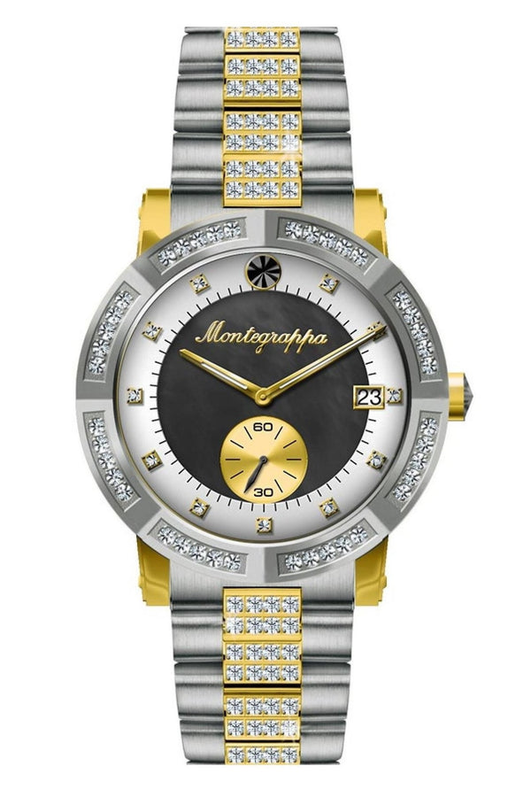 Nerouno Lady Watch, Steel/Yellow Gold PVD Case & Bracelet with Diamonds, Black MOP/White Dial with Diamonds