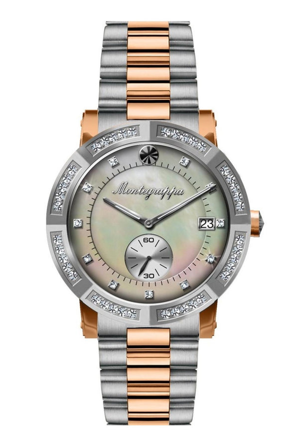 Nerouno Lady Watch, Steel/Rose Gold PVD Case with Diamonds, Steel/Rose Gold PVD Bracelet, Natural MOP Dial with Diamonds