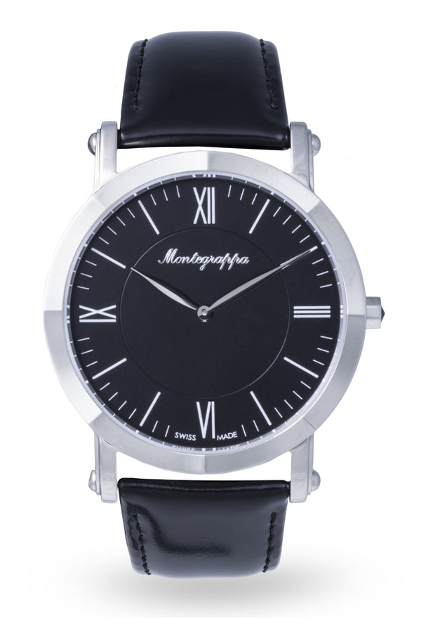 NeroUno Slim Three-Hands Watch, Steel, Black Dial