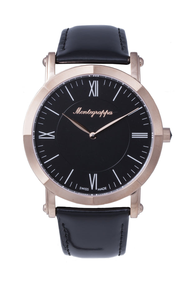 NeroUno Slim Three-Hands Watch, Rose Gold PVD, Black Dial