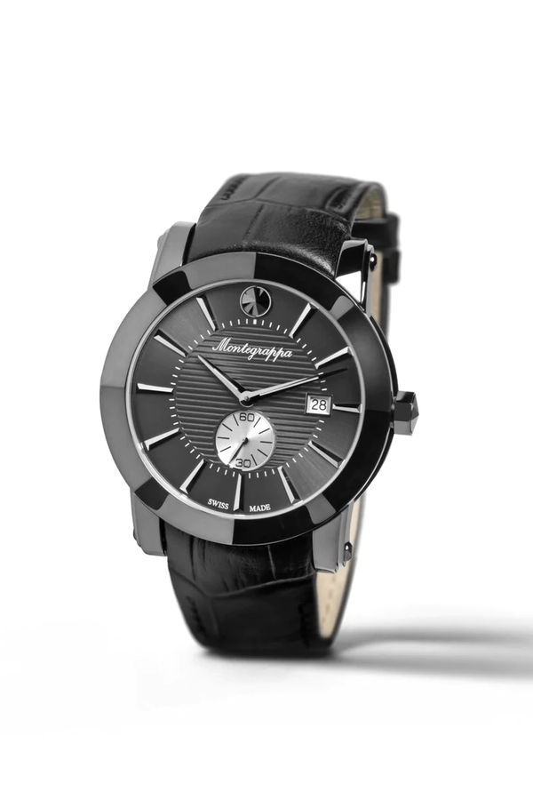 NeroUno Three-Hands Watch, Gun Metal PVD, Grey Dial, Black Leather Strap
