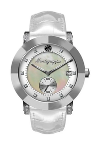 Nerouno Lady Watch, Steel Case, White Leather Strap, Natural MOP/White Dial with Diamonds
