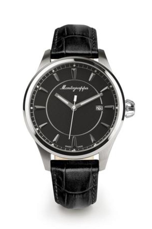 Fortuna Three-Hands Watch, Steel, Black Dial, Black Leather Strap