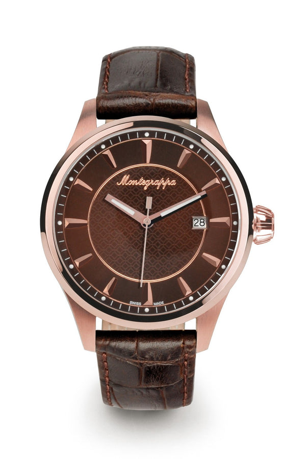 Fortuna Three-Hands Watch, Rose Gold PVD, Brown Dial, Brown Leather Strap