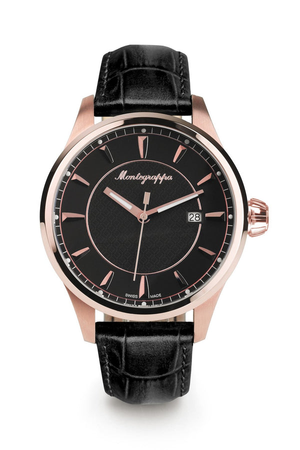Fortuna Three-Hands Watch, Rose Gold PVD, Black Dial, Black Leather Strap
