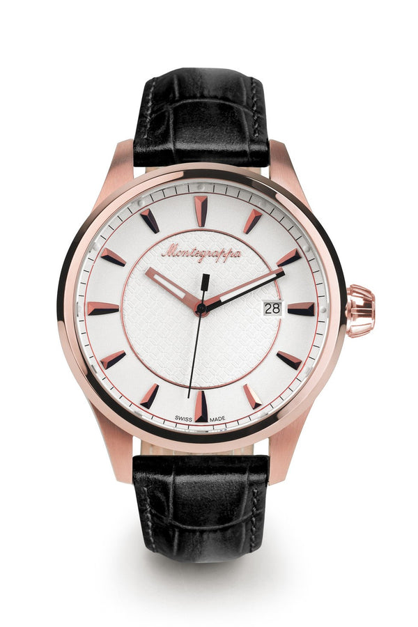 Fortuna Three-Hands Watch, Rose Gold PVD, Silver Dial, Black Leather Strap