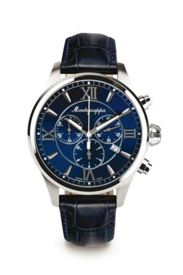 Fortuna Chronograph, Steel, Blue Dial, Blue Leather Strap