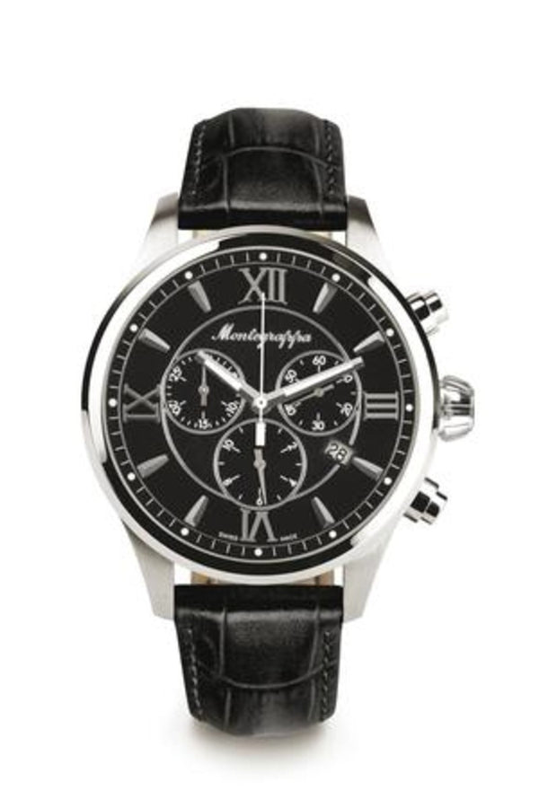 Fortuna Chronograph, Steel, Black Dial, Black Leather Strap