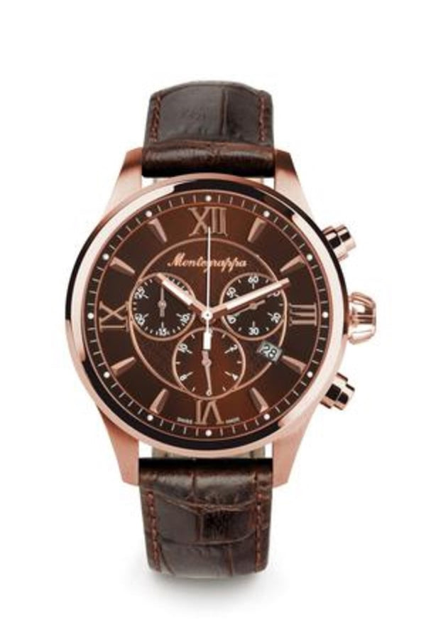 Fortuna Chronograph, Rose Gold PVD, Brown Dial, Brown Leather Strap