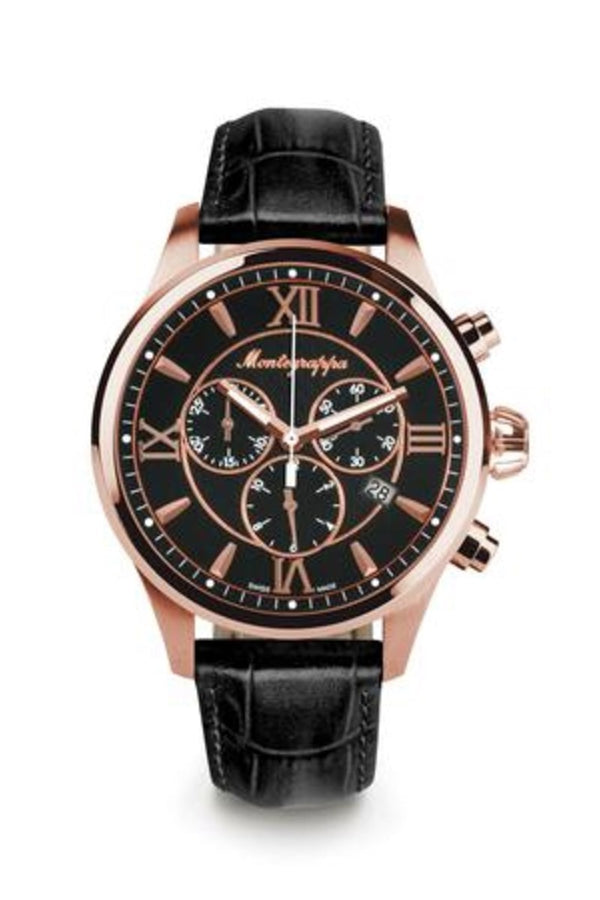 Fortuna Chronograph, Rose Gold PVD, Black Dial, Black Leather Strap