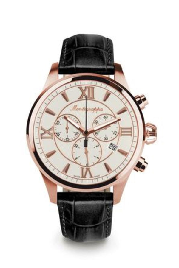 Fortuna Chronograph, Rose Gold PVD, Silver Dial, Black Leather Strap