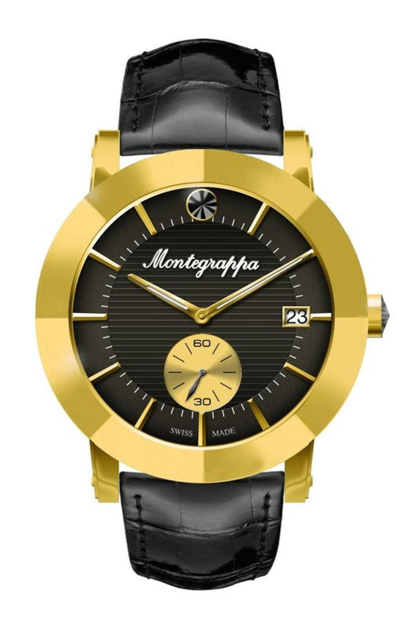 Nerouno Lady Watch, Yellow Gold PVD Case, Black Leather Strap, Black Dial