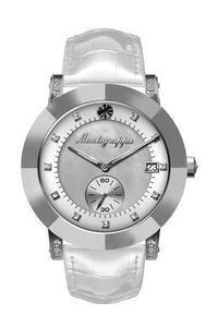 Nerouno Lady Watch, Steel Case, White Leather Strap, White MOP/White Dial with Diamonds