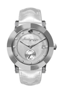 Nerouno Lady Watch, Steel Case, White Leather Strap, White MOP Dial with Diamonds