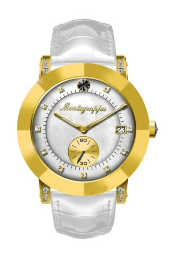 Nerouno Lady Watch, Yellow Gold PVD Case, White Leather Strap, White MOP Dial with Diamonds