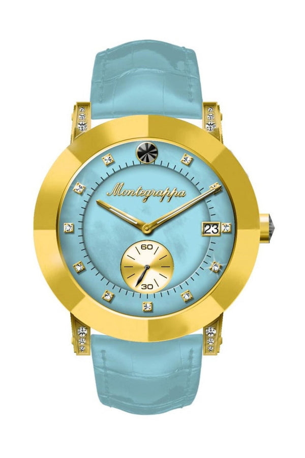 NeroUno Lady - Yellow Gold PVD Case, Light Blue Croco Strap, MOP dial, with Diamonds