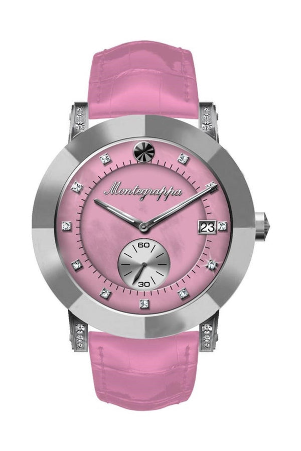 Nerouno Lady Watch, Steel Case, Pink Leather Strap, Pink MOP Dial with Diamonds