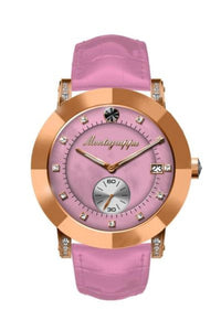 Nerouno Lady Watch, Rose Gold PVD Case, Pink Leather Strap, Pink MOP Dial  with Diamonds