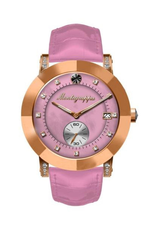 Nerouno Lady Watch, Rose Gold PVD Case, Pink Leather Strap, Pink MOP Dial  with Diamonds