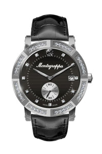 Nerouno Lady Watch, Steel Case w/D., Black Leather Strap, Black Dial with Diamonds