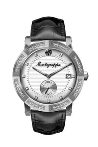 Nerouno Lady Watch, Steel Case w/D., Black Leather Strap, White Dial with Diamonds