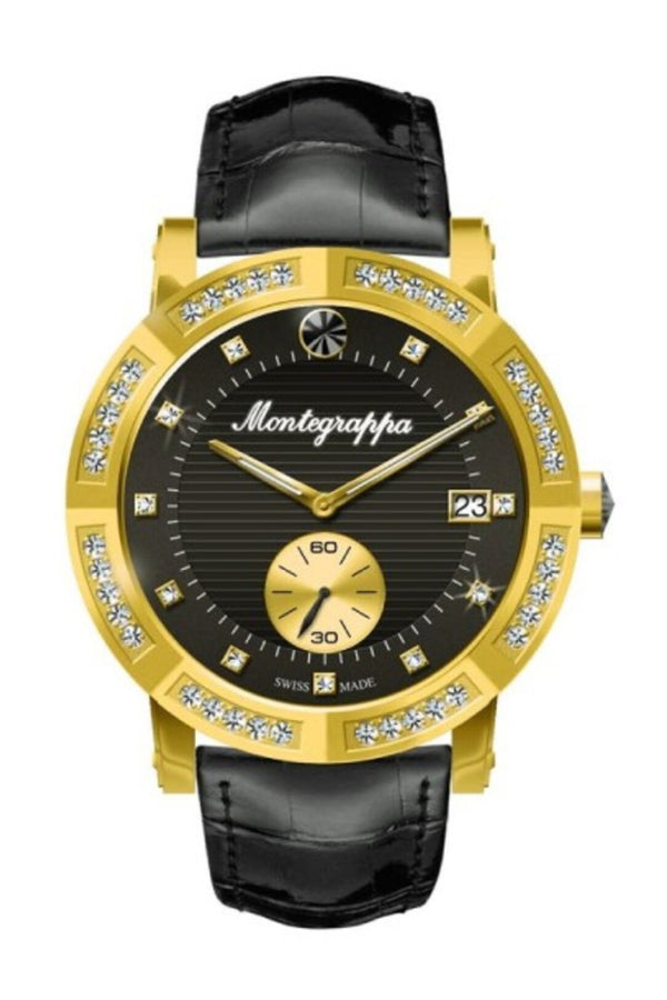 Nerouno Lady Watch, Yellow Gold PVD Case with Diamond., Black Leather Strap, Black Dial with Diamond