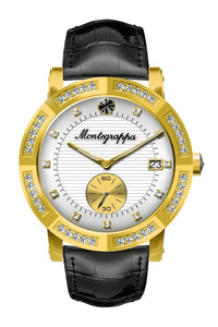 Nerouno Lady Watch, Yellow Gold PVD Case with Diamonds., Black Leather Strap, White Dial with Diamonds