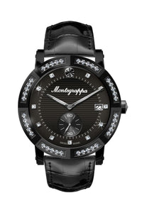 Nerouno Lady Watch, Black PVD Case with Diamonds, Black Leather Strap, Black Dial with Diamonds