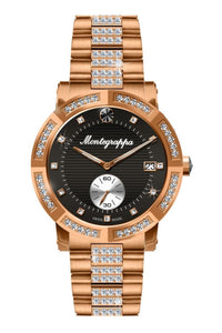 Nerouno Lady Watch, Rose Gold PVD Case with Diamonds, Steel Bracelet w/D., Black Dial with Diamonds