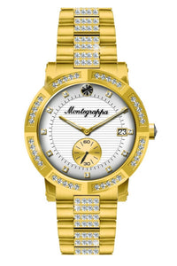 Nerouno Lady Watch, Yellow Gold PVD Case with Diamonds, Steel Bracelet with Diamonds, White Dial with Diamonds