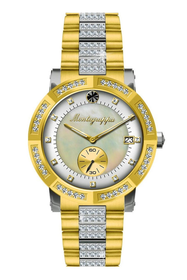 Nerouno Lady Watch, Yellow Gold PVD Case & Bracelet with Diamonds, Natural MOP/White Dial with Diamonds