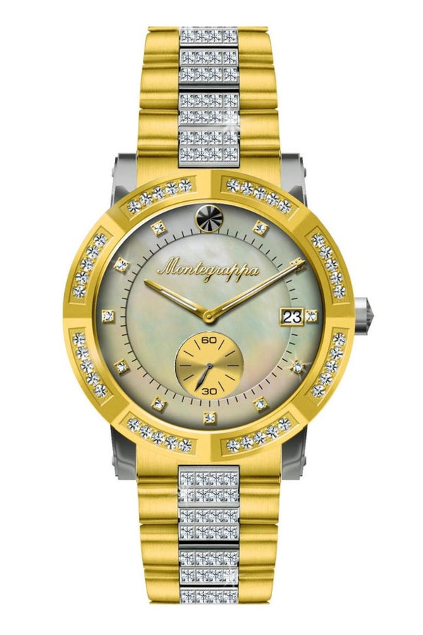 Nerouno Lady Watch, Steel/Yellow Gold PVD Case & Bracelet with Diamonds, Natural MOP Dial with Diamonds