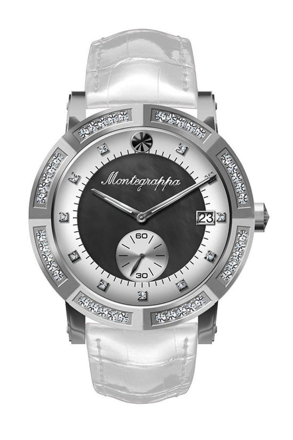 NeroUno Lady watch, White Croco Strap, Silver Case, MOP White & Black Dial, White Logo