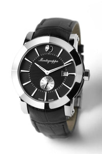 NeroUno Three-Hands Watch, Steel, Black Dial, Black Leather Strap