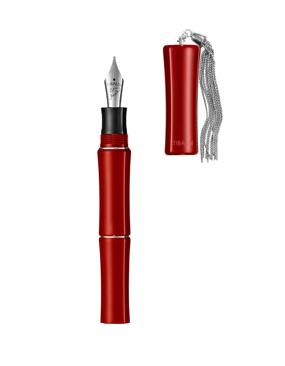 Tibaldi Lipstick Red Resin Fountain Pen Stainless Silver Tassle Bamboo