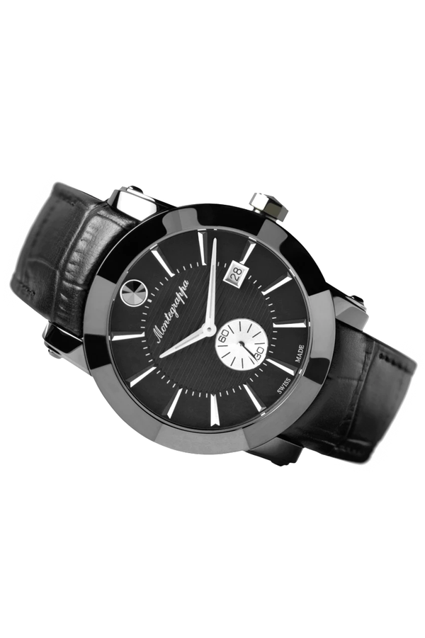 NeroUno Three-Hands Watch, Gun Metal PVD, Black Dial, Black Leather Strap