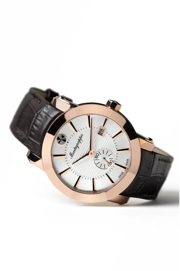 NeroUno Three-Hands Watch, Rose Gold PVD, Silver Dial, Black Leather Strap