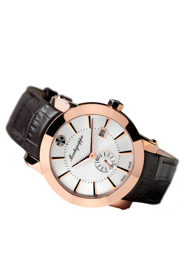 NeroUno Three-Hands Watch, Rose Gold PVD, Silver Dial, Brown Leather Strap