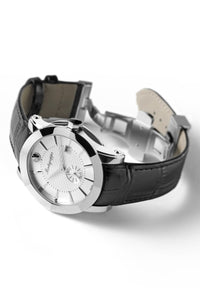 NeroUno Three-Hands Watch, Steel, Silver Dial, Black Leather Strap