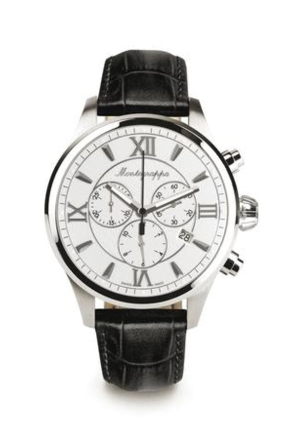 Fortuna Chronograph, Steel, Silver Dial, Black Leather Strap