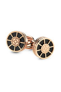 Wheel Cufflinks, IP Rose Gold, Black Inlay