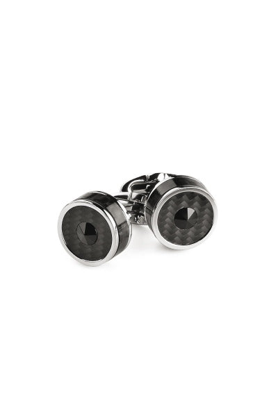 Classic Filigree Cufflinks, Steel,  Carbonfibre Inlay & Black Glass