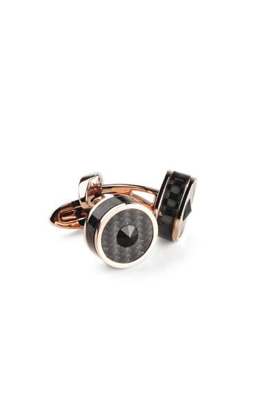 Classic Filigree Cufflinks, Rose Gold  PVD, Carbonfibre Inlay & Black Glass
