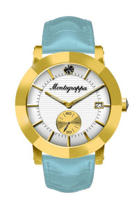 Nerouno Lady Watch, Yellow Gold PVD Case, Light. Blue Leather Strap, White Dial