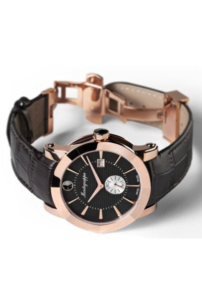 NeroUno Three-Hands Watch, Rose Gold PVD, Black Dial, Brown Leather Strap