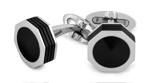 Nerouno Linea Cufflinks - Stainless Steel, Onyx Inlay
