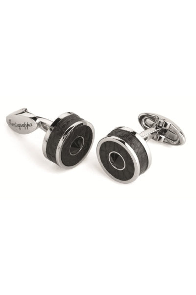 Classic Cufflinks, Steel, Black Leather, Black Crystal Insert